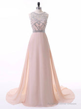 Chiffon Beaded Scoop A Line Light Blue Evening Dresses Long
